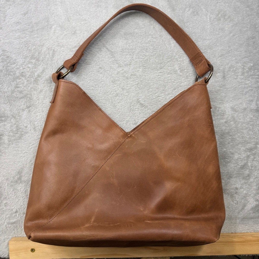ABLE Leather Hobo Shoulder Bag Brown Cognac Tote Purse Magnetic Snap Handmade